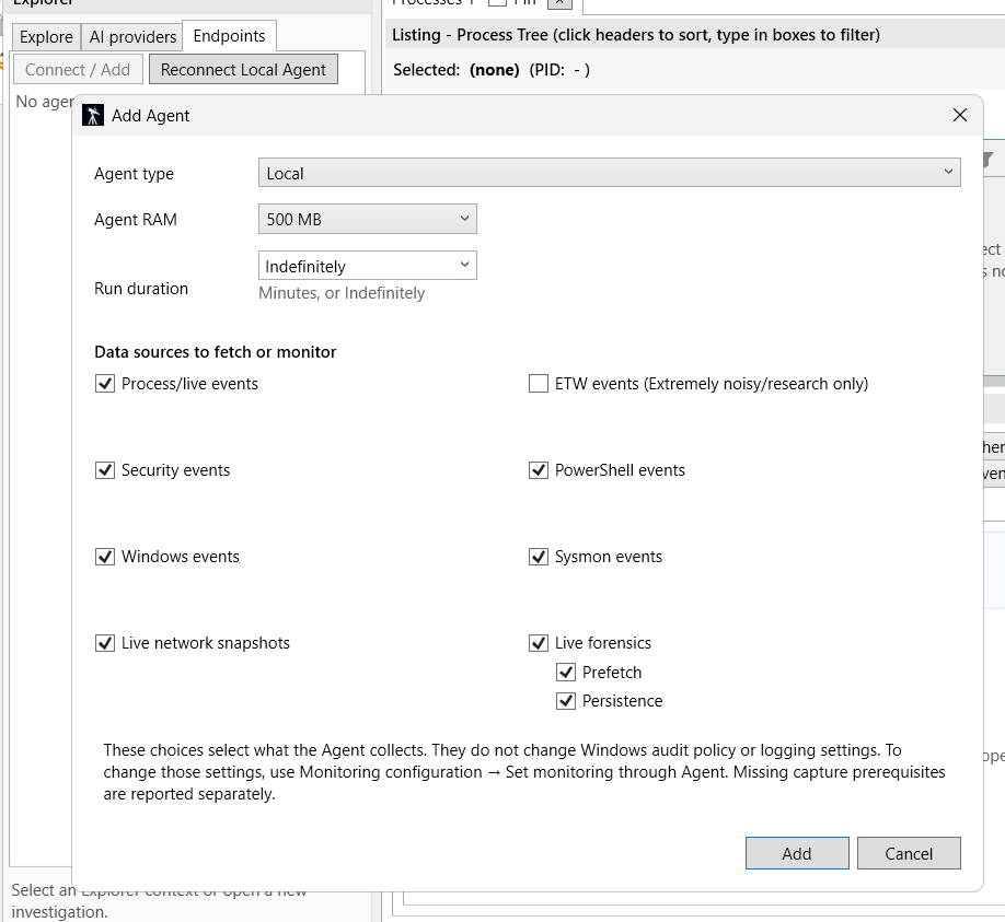 Add Agent dialog showing the Local type, memory limit, run duration, and capture sources