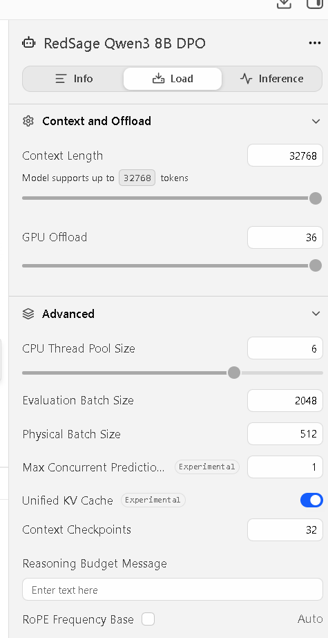 LM Studio model load settings showing context length, GPU offload, and one concurrent prediction