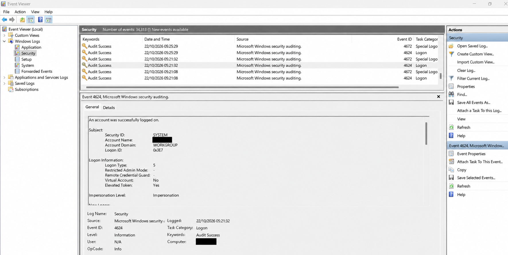 Event Viewer showing the Windows Security log and event 4624, with the machine account and computer name redacted
