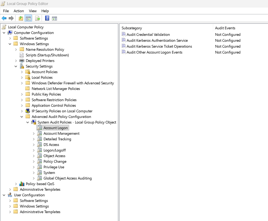 Local Group Policy Editor showing Advanced Audit Policy Configuration, with Account Logon selected and its four subcategories marked Not Configured